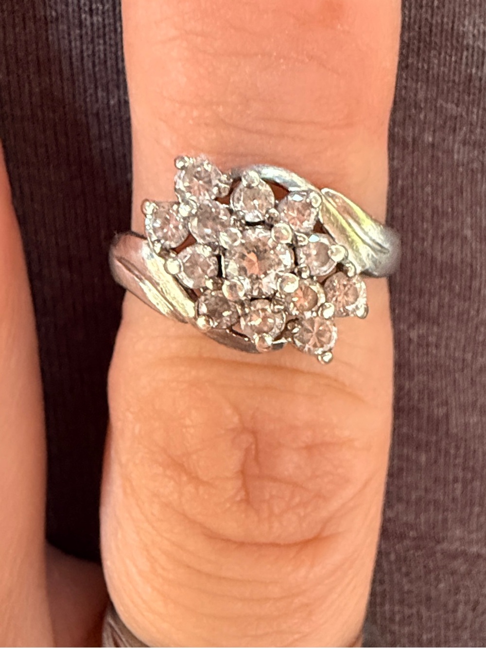 Vintage-Sterling Silver Waterfall Cluster Statement Ring Sz7